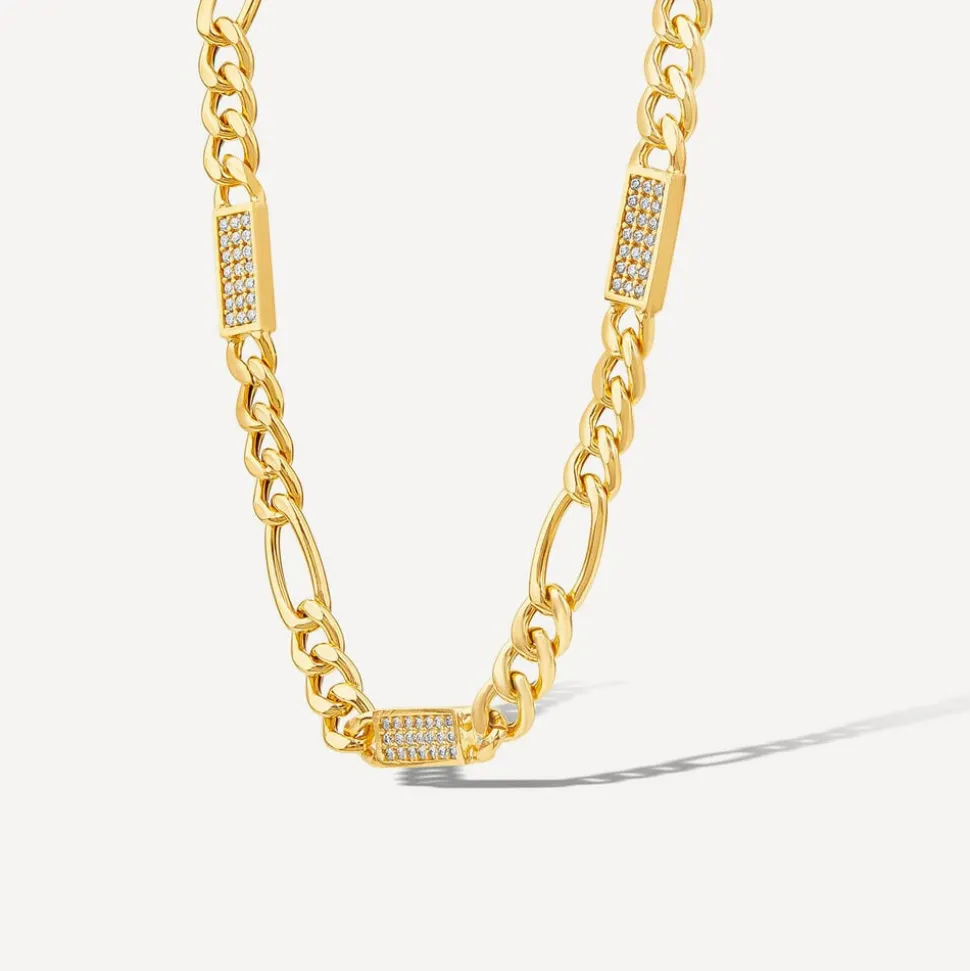 Silver & Yellow Gold Plated Figaro & Cubic Zirconia Bar Centre Necklet