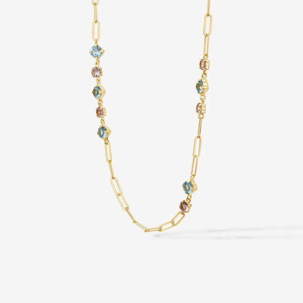 Silver & Yellow Gold Plated Coloured Stones Stationed Paperlink Necklet