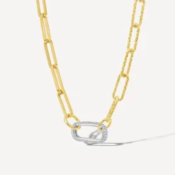 Silver & Yellow Gold Plated Two Tone Paperlink Cubic Zirconia Necklet