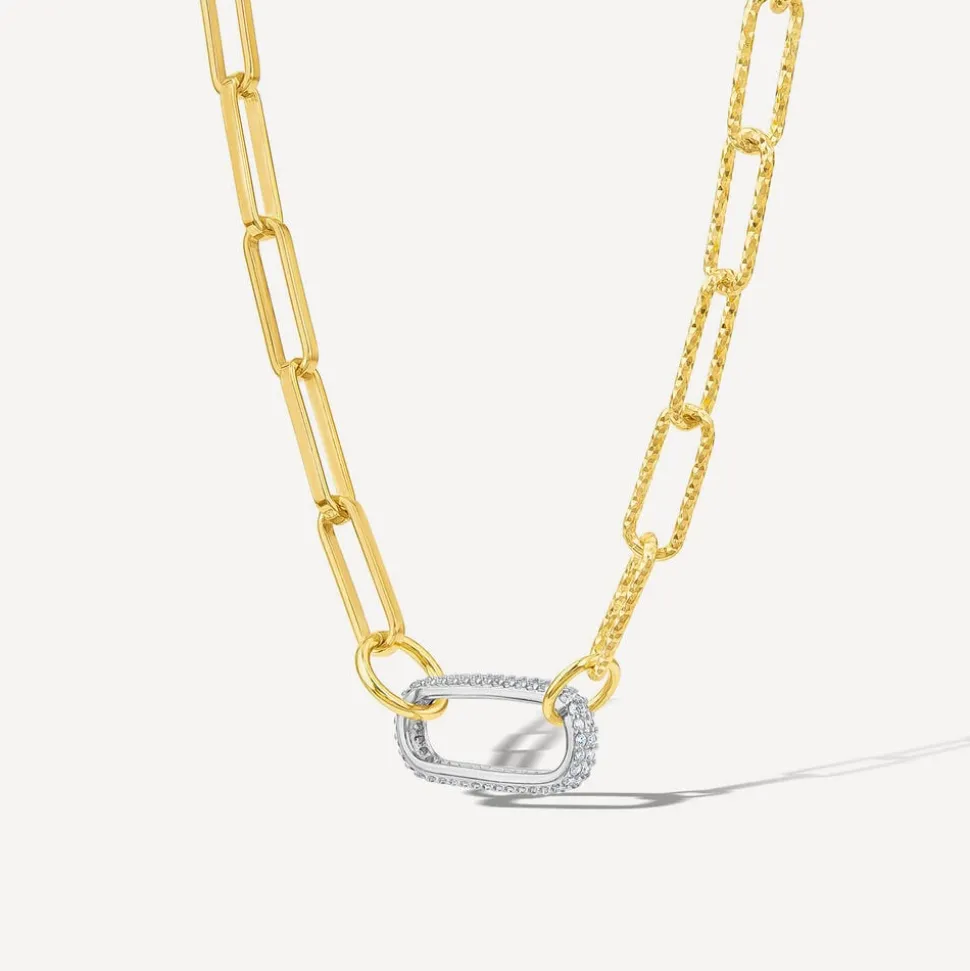 Silver & Yellow Gold Plated Two Tone Paperlink Cubic Zirconia Necklet