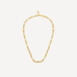 Silver & Yellow Gold Plated Figaro & Cubic Zirconia Bar Centre Necklet