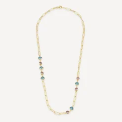 Silver & Yellow Gold Plated Coloured Stones Stationed Paperlink Necklet