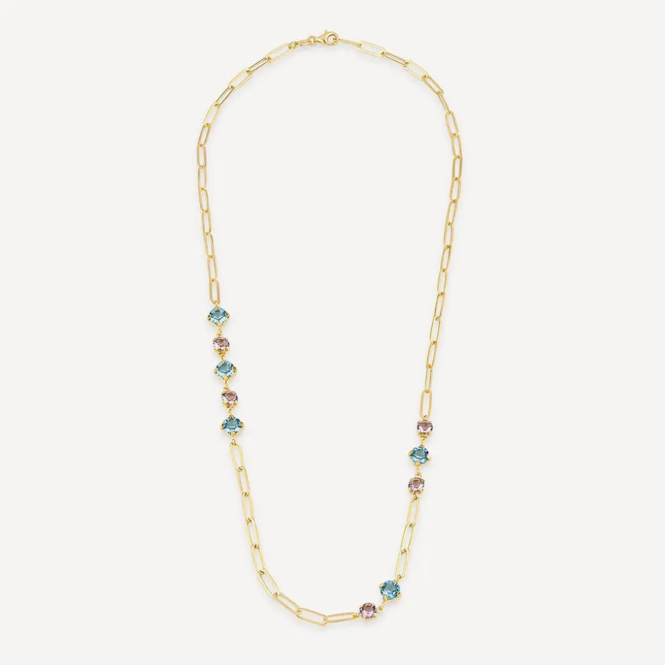 Silver & Yellow Gold Plated Coloured Stones Stationed Paperlink Necklet