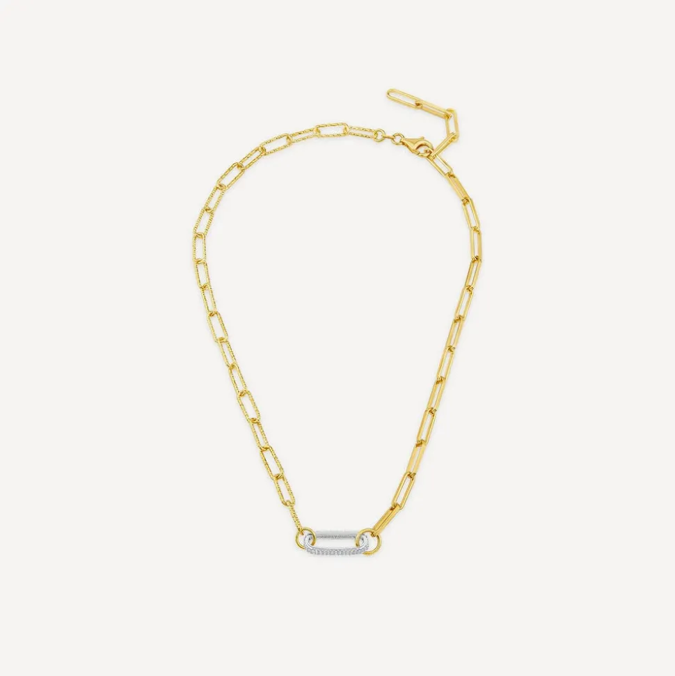Silver & Yellow Gold Plated Two Tone Paperlink Cubic Zirconia Necklet