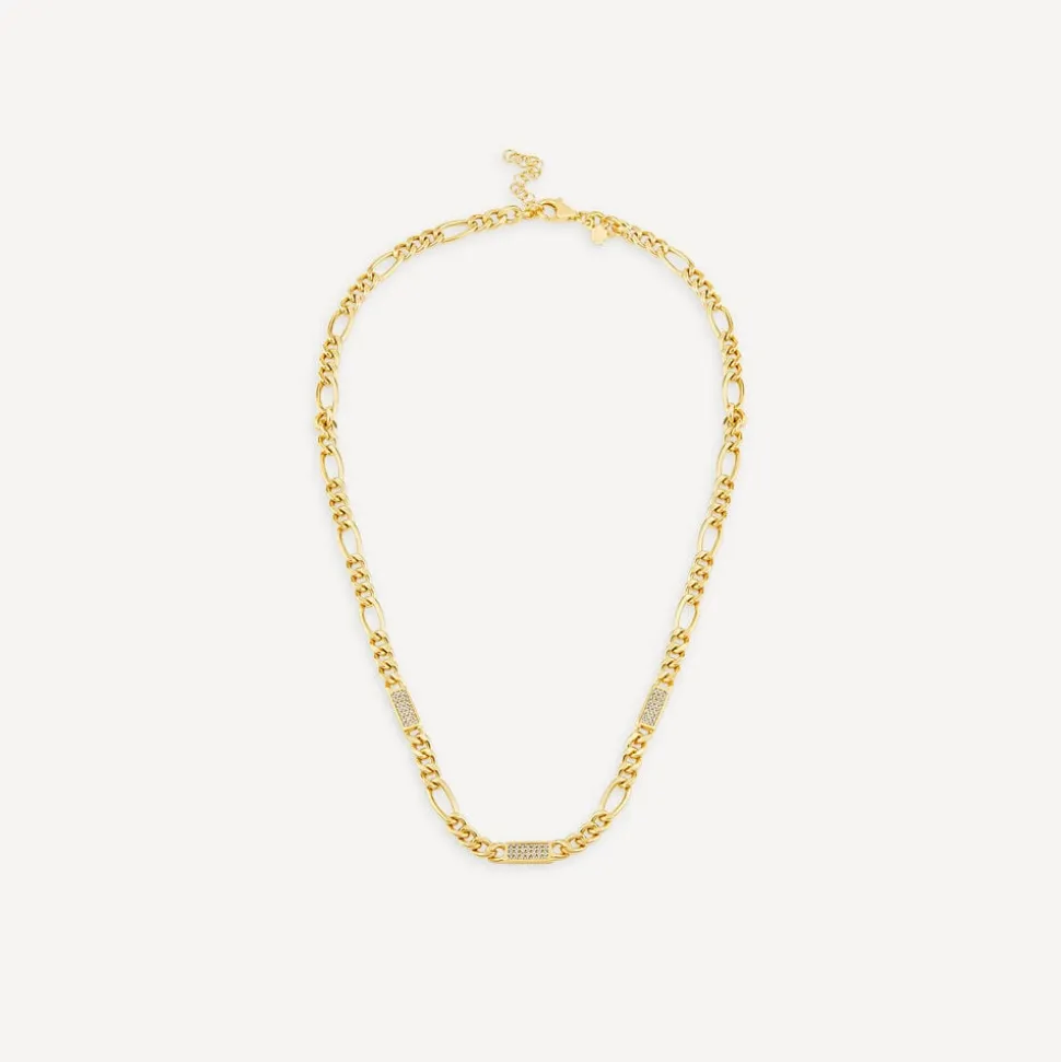 Silver & Yellow Gold Plated Figaro & Cubic Zirconia Bar Centre Necklet