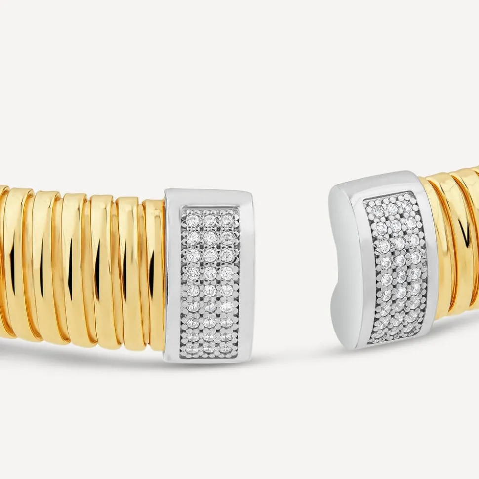Silver & Yellow Gold Plated Cubic Zirconia Tip Wide Lined Torc Bangle