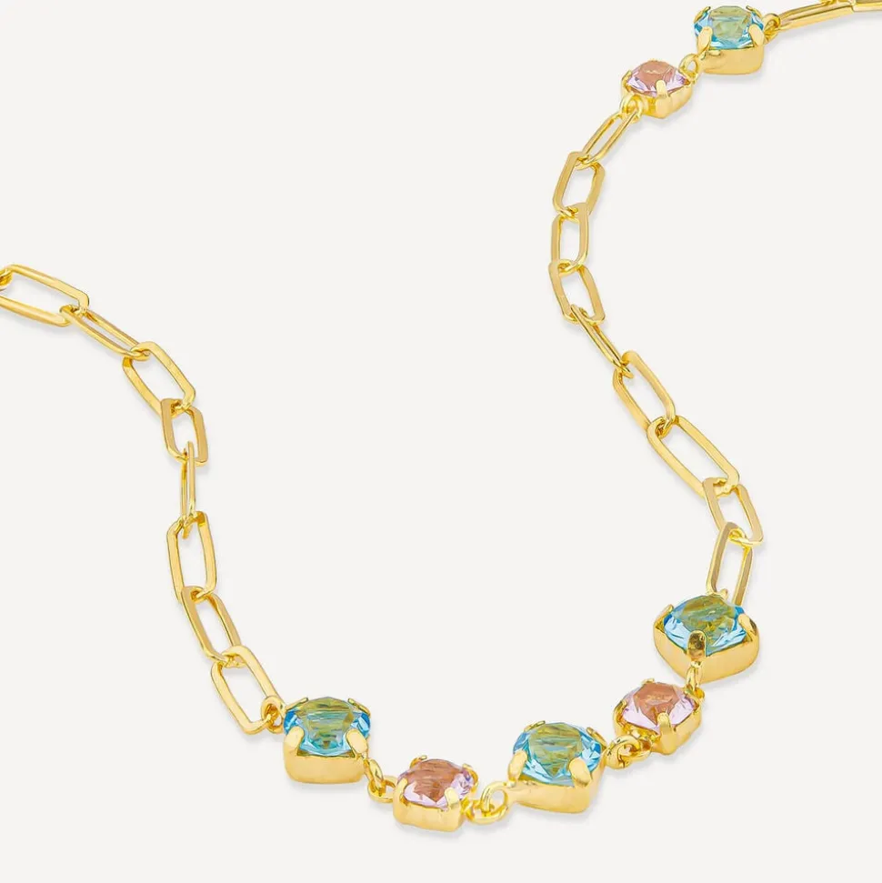 Silver & Yellow Gold Plated Coloured Stones Stationed Paperlink Necklet
