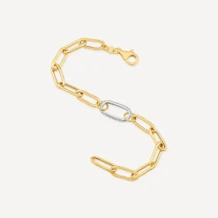 Silver & Yellow Gold Plated Single Cubic Zirconia Set Centre Link Bracelet
