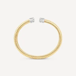 Silver & Yellow Gold Plated Cubic Zirconia Tip Wide Lined Torc Bangle