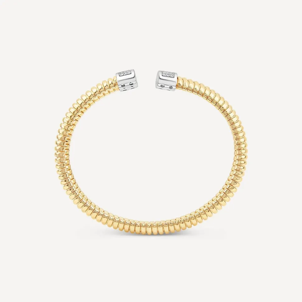 Silver & Yellow Gold Plated Cubic Zirconia Tip Wide Lined Torc Bangle