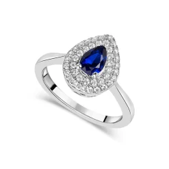Silver Blue and White Cubic Zirconia Pear-Shaped Ring