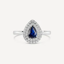 Silver Blue and White Cubic Zirconia Pear-Shaped Ring
