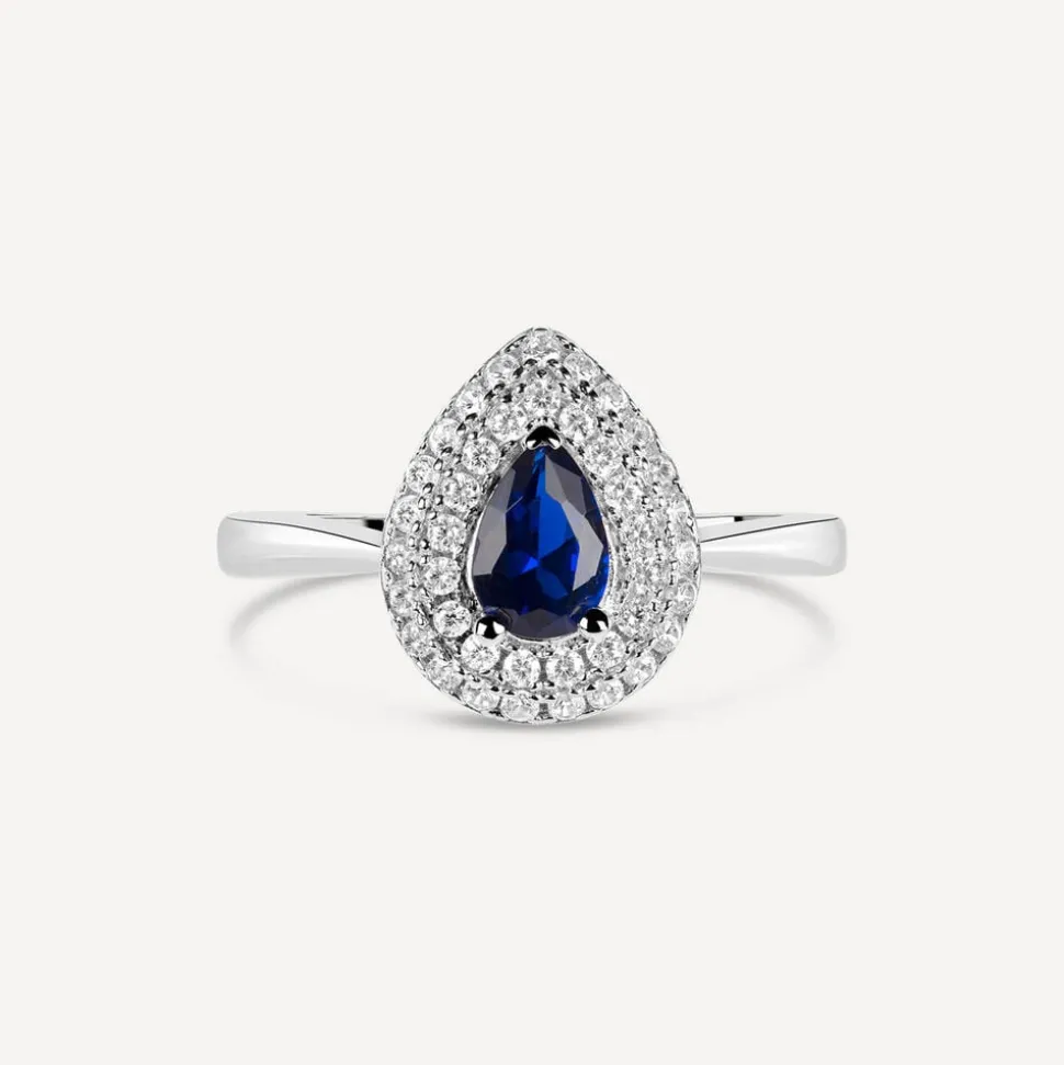 Silver Blue and White Cubic Zirconia Pear-Shaped Ring