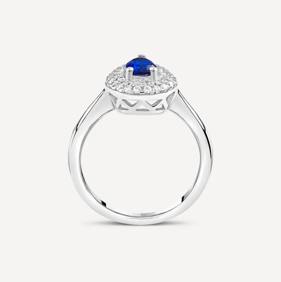 Silver Blue and White Cubic Zirconia Pear-Shaped Ring