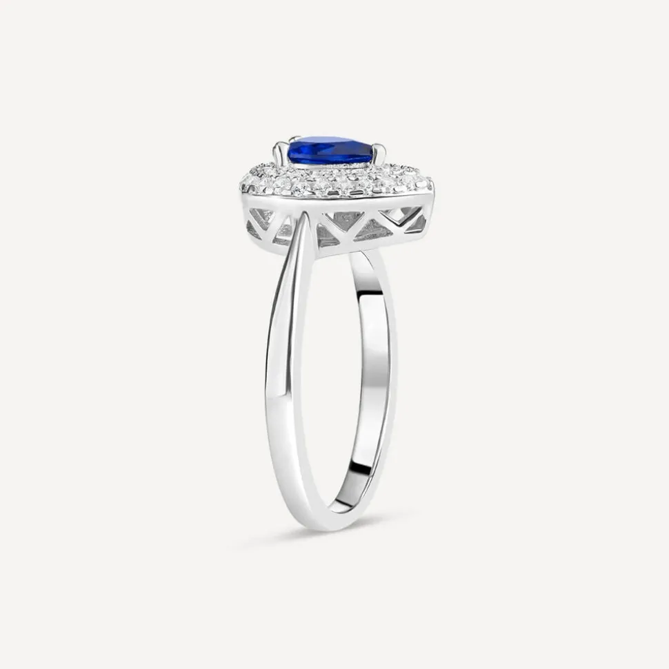 Silver Blue and White Cubic Zirconia Pear-Shaped Ring