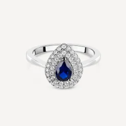 Silver Blue and White Cubic Zirconia Pear-Shaped Ring