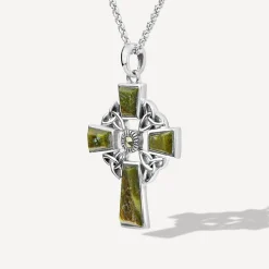 Silver Connemara Marble Marcasite Trinity Knot Cross Pendant