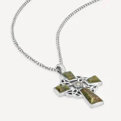 Silver Connemara Marble Marcasite Trinity Knot Cross Pendant