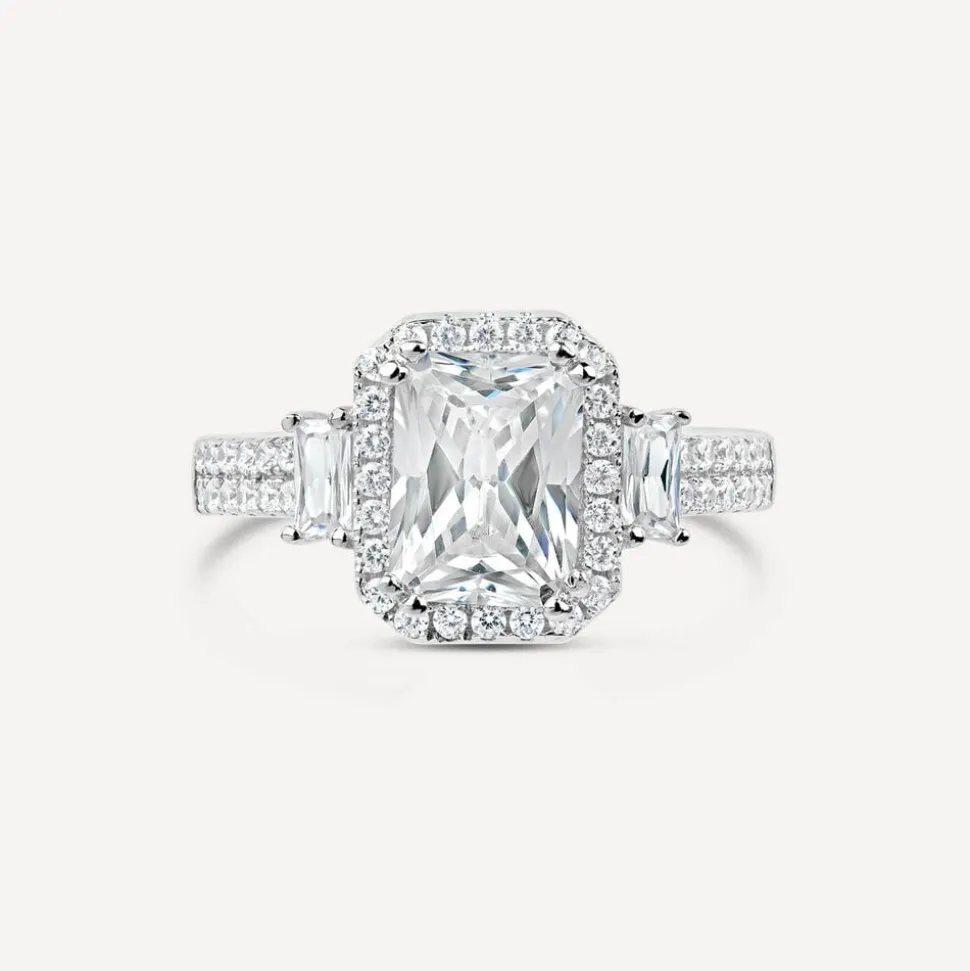 Silver cubic zirconia rectangular cluster ring