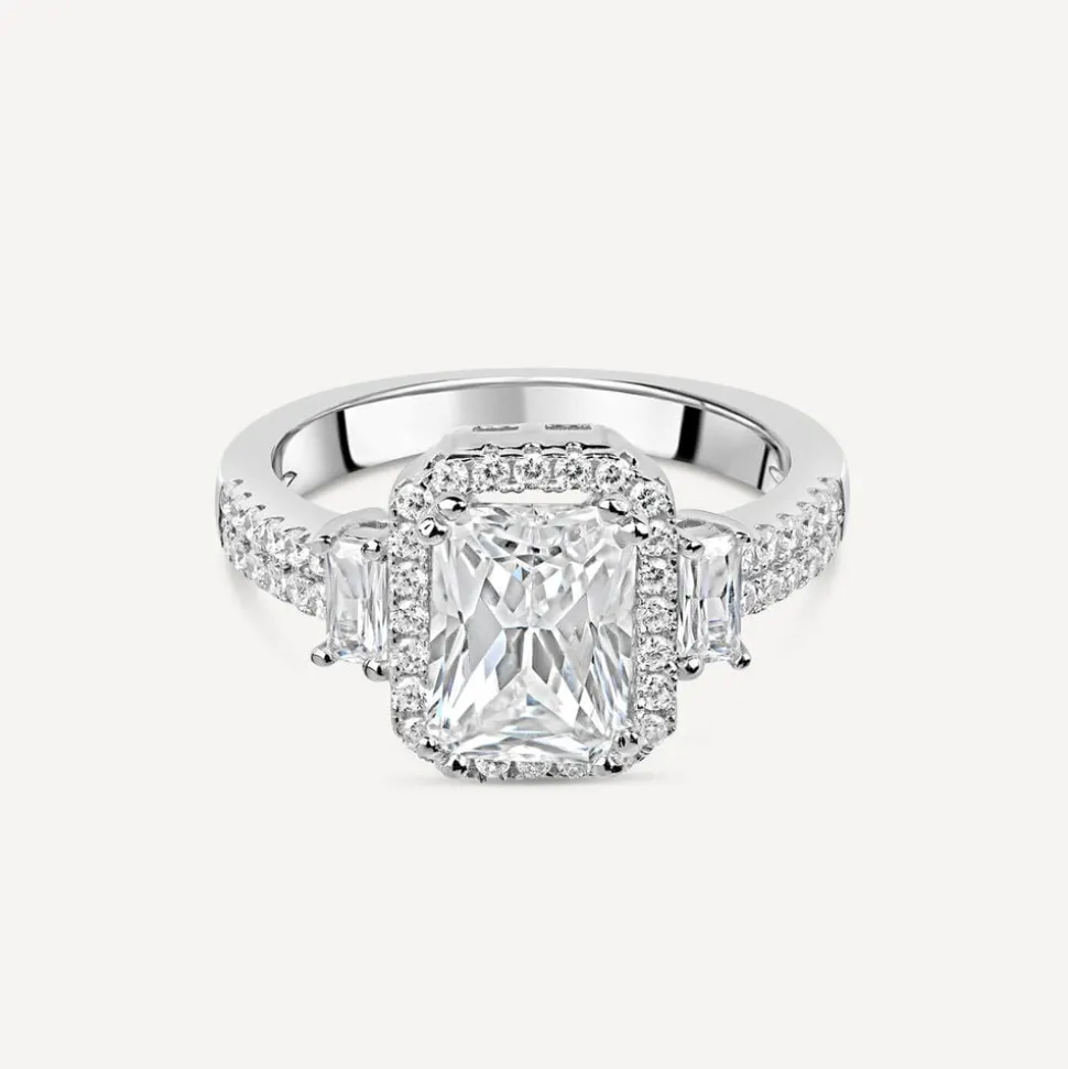 Silver cubic zirconia rectangular cluster ring