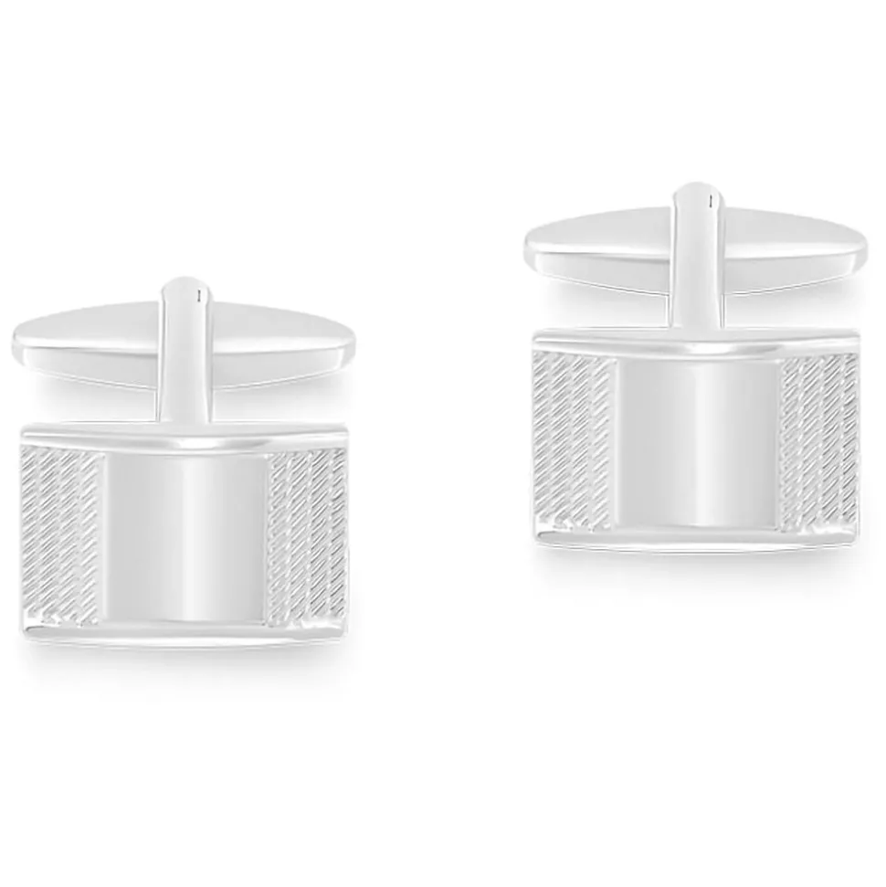 Silver Plated Mens Rectangular Plain and Lined Side Cufflinks