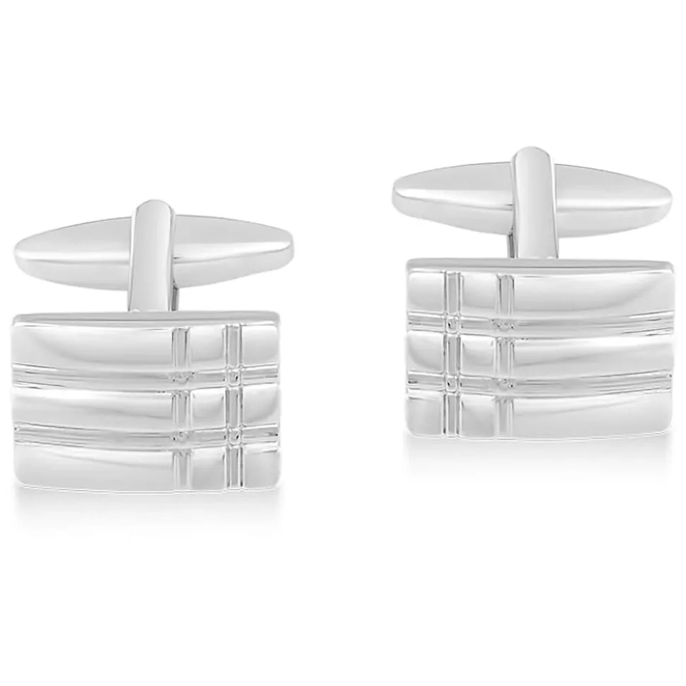 Silver Plated Men's Rectangular Lined Design Cufflinks