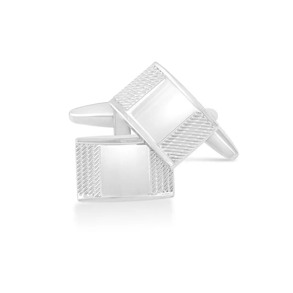 Silver Plated Mens Rectangular Plain and Lined Side Cufflinks