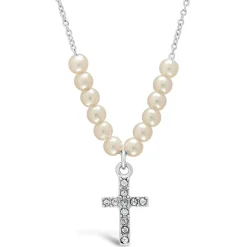 Silver Plated Pearl Chain With Cubic Zirconia Cross