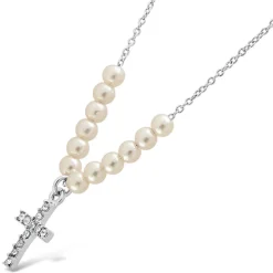 Silver Plated Pearl Chain With Cubic Zirconia Cross