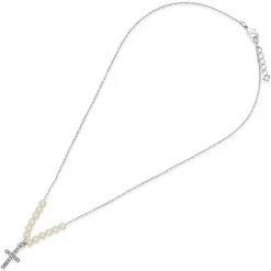 Silver Plated Pearl Chain With Cubic Zirconia Cross