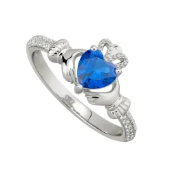 Steling Silver Claddagh Birthstone September Cubic Zirconia Shoulder Set Ring