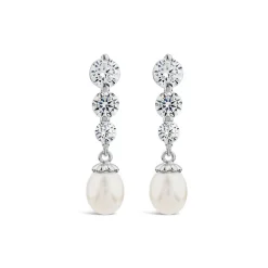 Sterling Silver 3 Cubic Zirconia & Pearl Drop Earrings