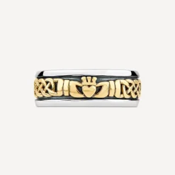 Sterling Silver & 9ct Yellow Gold Claddagh Celtic Knot Men's Band Ring