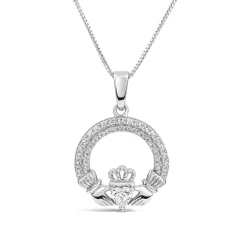 Sterling Silver April Birthstone Pave Cubic Zirconia Claddagh Pendant