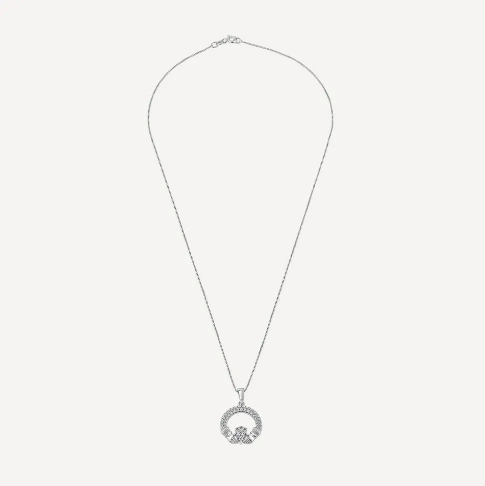 Sterling Silver April Birthstone Pave Cubic Zirconia Claddagh Pendant
