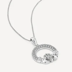 Sterling Silver April Birthstone Pave Cubic Zirconia Claddagh Pendant