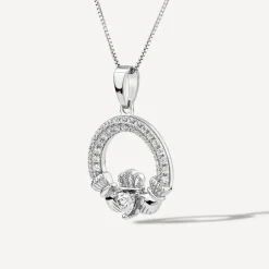 Sterling Silver April Birthstone Pave Cubic Zirconia Claddagh Pendant