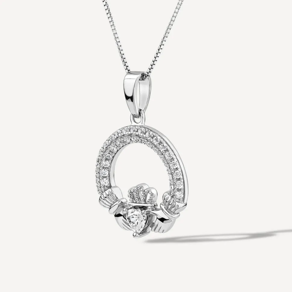 Sterling Silver April Birthstone Pave Cubic Zirconia Claddagh Pendant