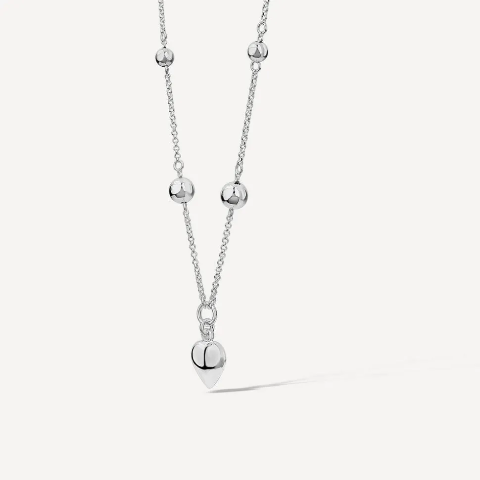 Sterling Silver Ball Station Chain Heart Shaped Drop Pendant
