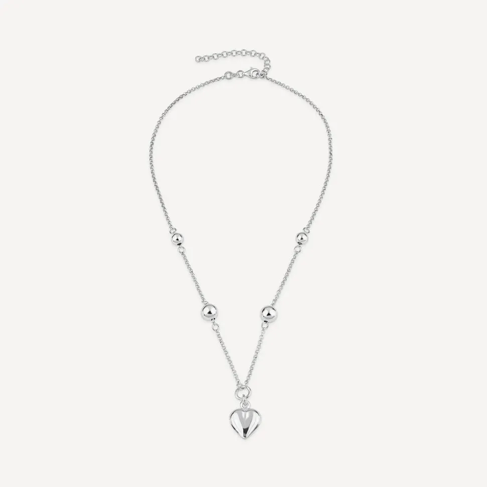 Sterling Silver Ball Station Chain Heart Shaped Drop Pendant