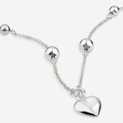 Sterling Silver Ball Station Chain Heart Shaped Drop Pendant