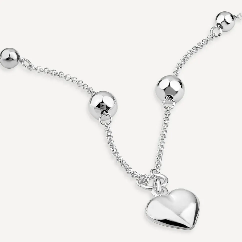 Sterling Silver Ball Station Chain Heart Shaped Drop Pendant