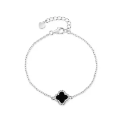 Sterling Silver Black Centre Cubic Zirconia Set Clover Petal Bracelet