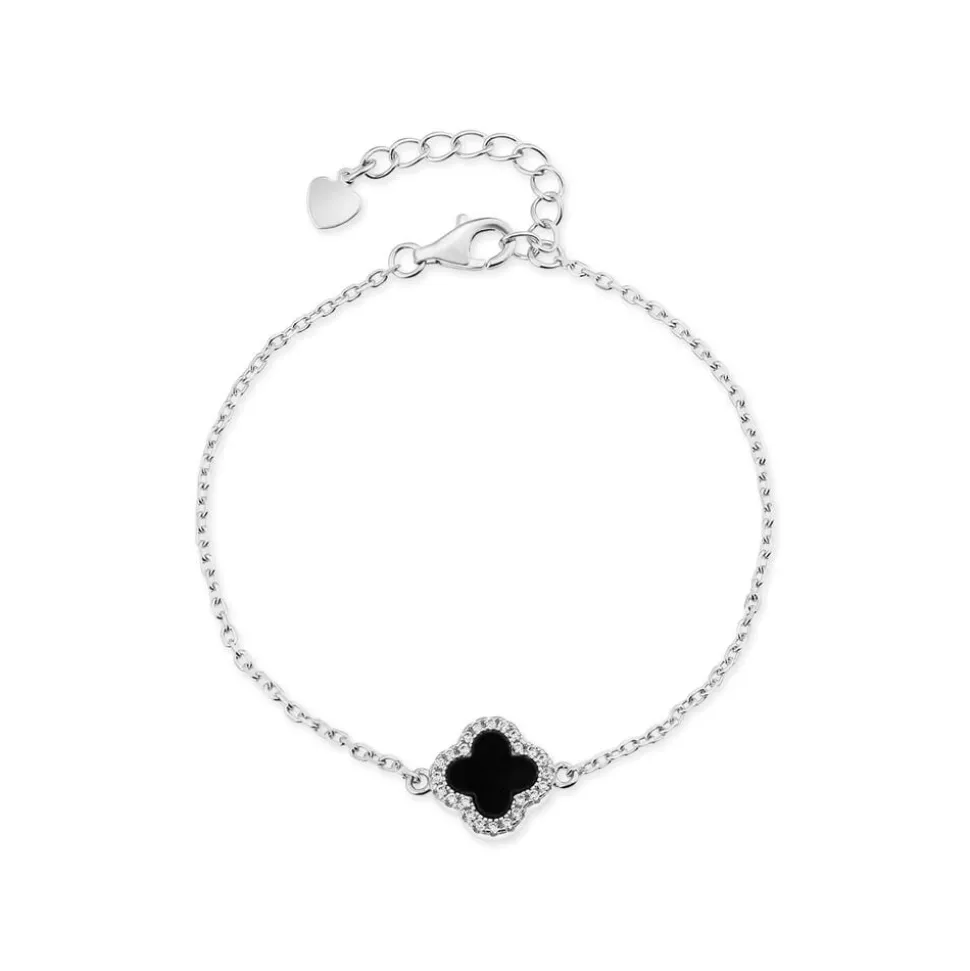 Sterling Silver Black Centre Cubic Zirconia Set Clover Petal Bracelet