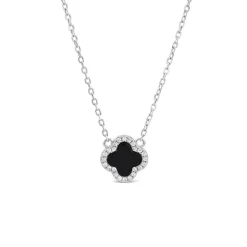 Sterling Silver Black Centre Cubic Zirconia Set Clover Petal Necklet