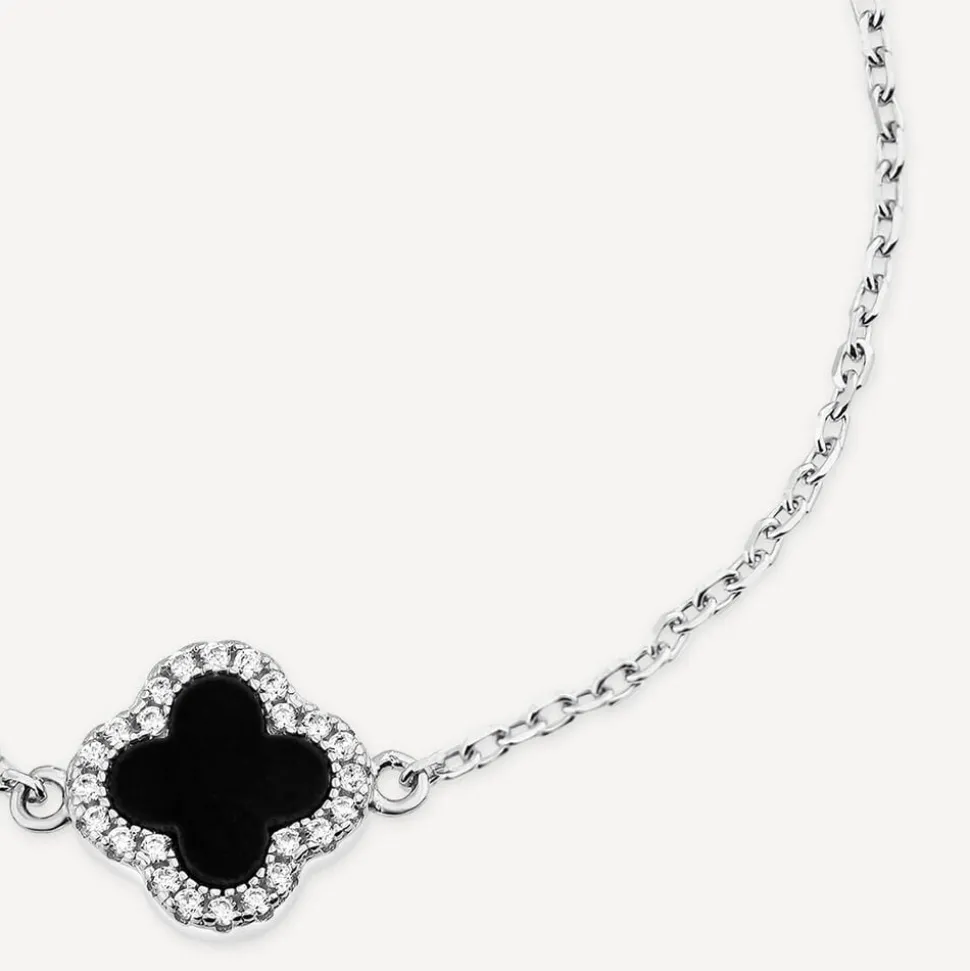 Sterling Silver Black Centre Cubic Zirconia Set Clover Petal Bracelet