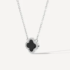 Sterling Silver Black Centre Cubic Zirconia Set Clover Petal Necklet