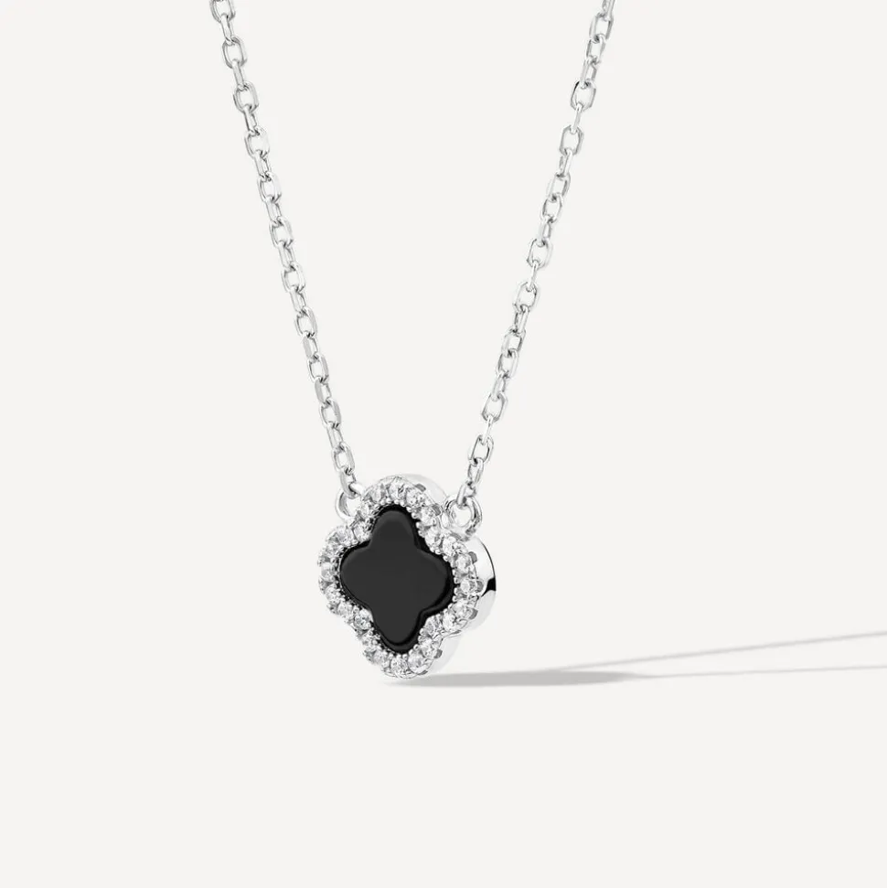 Sterling Silver Black Centre Cubic Zirconia Set Clover Petal Necklet