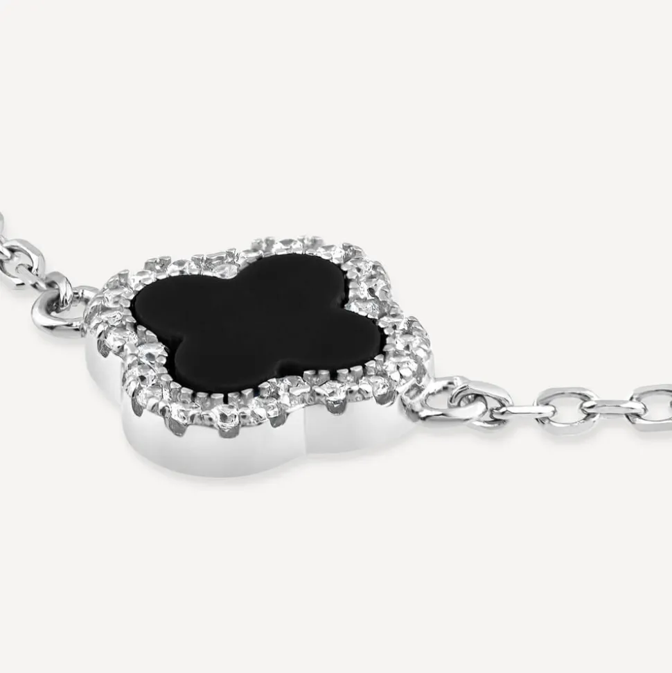 Sterling Silver Black Centre Cubic Zirconia Set Clover Petal Bracelet