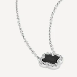 Sterling Silver Black Centre Cubic Zirconia Set Clover Petal Necklet
